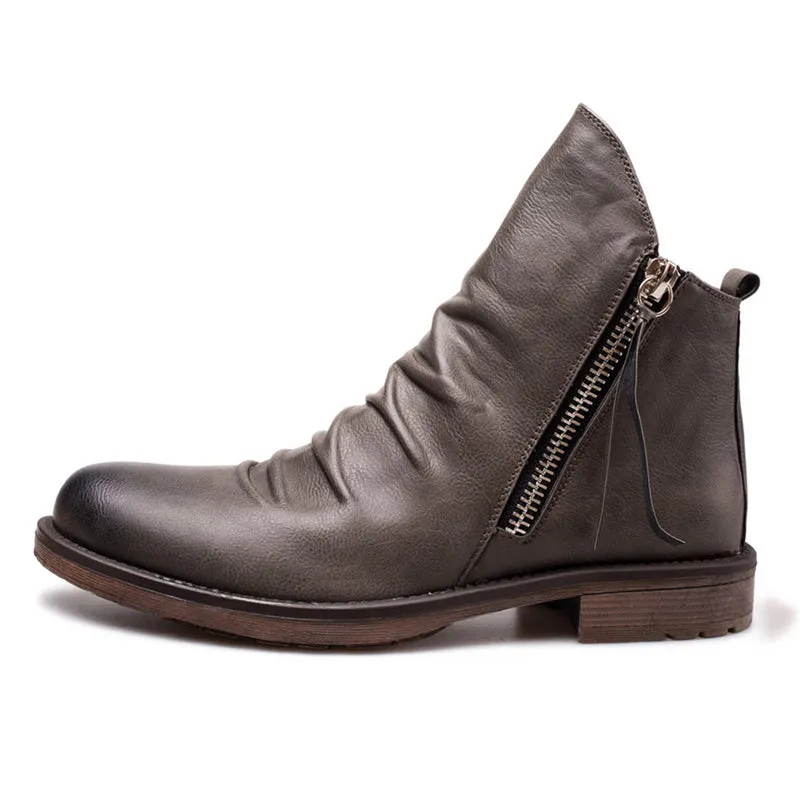 Vintage British Men Leather Shoes Casual Round Toe Ankle Boots