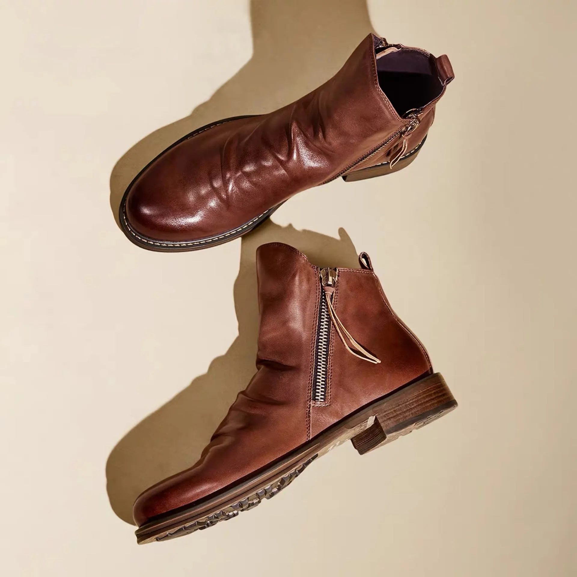 Vintage British Men Leather Shoes Casual Round Toe Ankle Boots