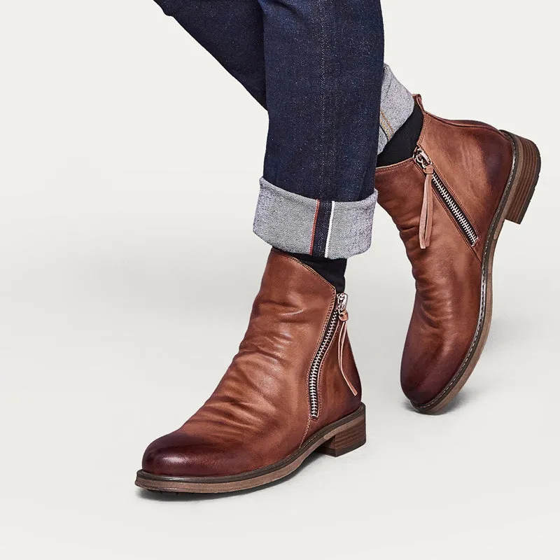 Vintage British Men Leather Shoes Casual Round Toe Ankle Boots