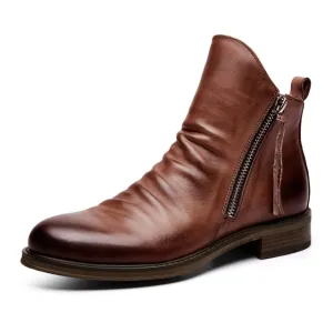 Vintage British Men Leather Shoes Casual Round Toe Ankle Boots