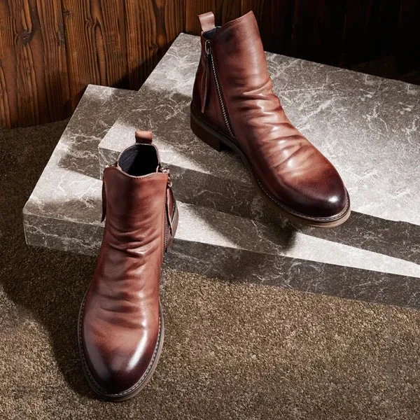 Vintage British Men Leather Shoes Casual Round Toe Ankle Boots