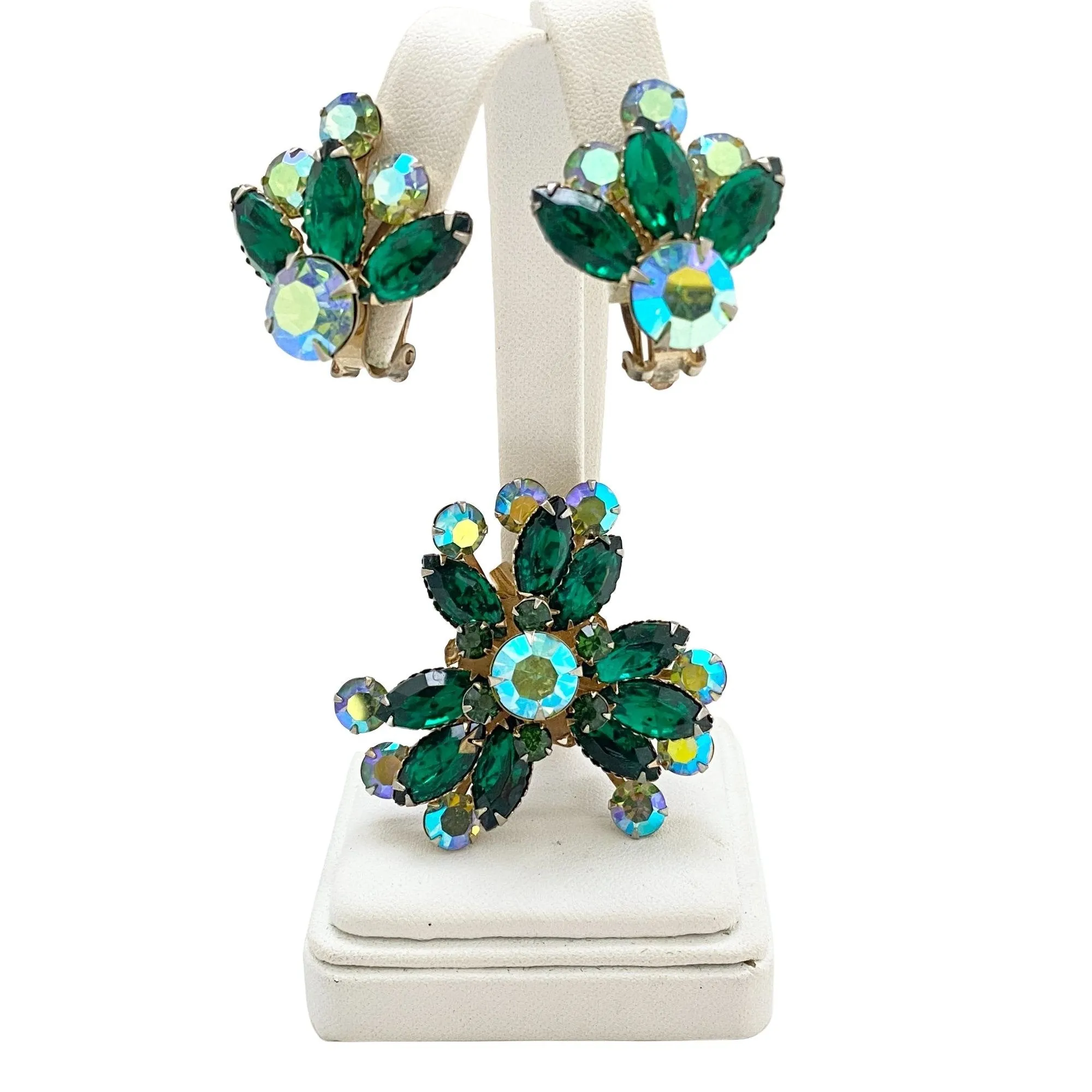 Vintage Celebrity Green Rhinestone and Aurora Borealis Crystal Brooch