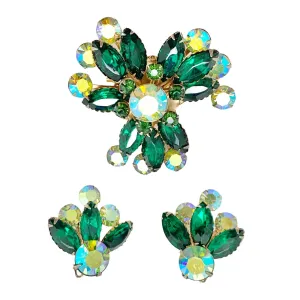 Vintage Celebrity Green Rhinestone and Aurora Borealis Crystal Brooch