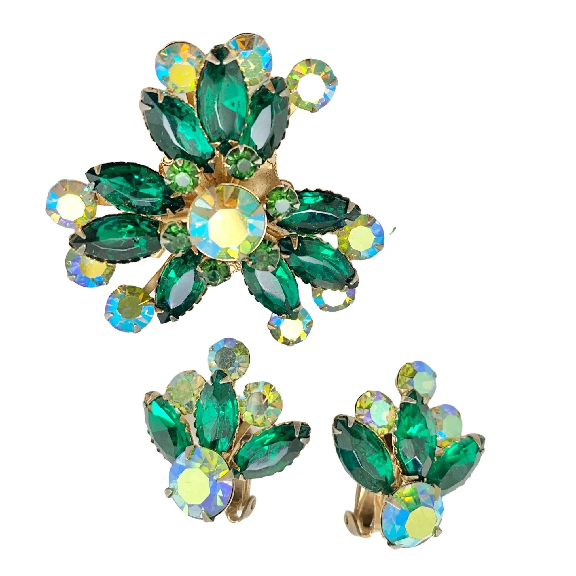 Vintage Celebrity Green Rhinestone and Aurora Borealis Crystal Brooch