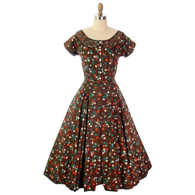 Vintage Dandelion Printed Circle Skirt Dress 1950s R&K Original 38-28-Free