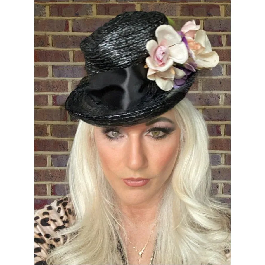 Vintage Fascinator Doll Hat Black Straw & Flowers 1940s ww2 O/S Womens Church