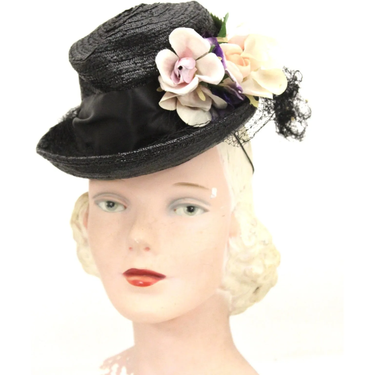 Vintage Fascinator Doll Hat Black Straw & Flowers 1940s ww2 O/S Womens Church