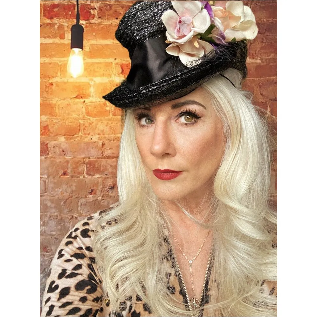 Vintage Fascinator Doll Hat Black Straw & Flowers 1940s ww2 O/S Womens Church
