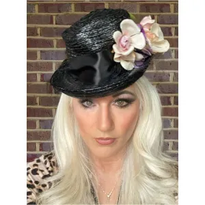 Vintage Fascinator Doll Hat Black Straw & Flowers 1940s ww2 O/S Womens Church