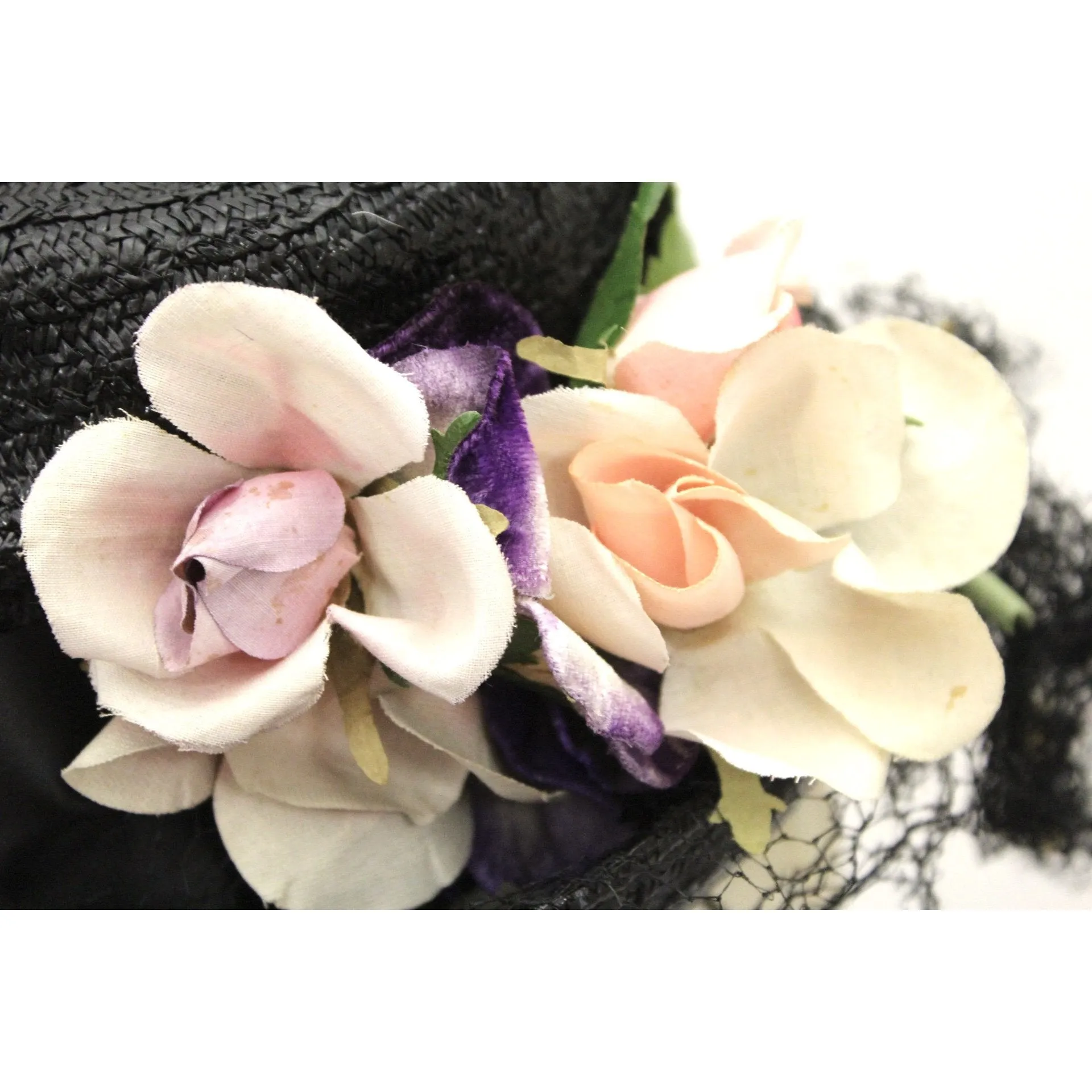 Vintage Fascinator Doll Hat Black Straw & Flowers 1940s ww2 O/S Womens Church