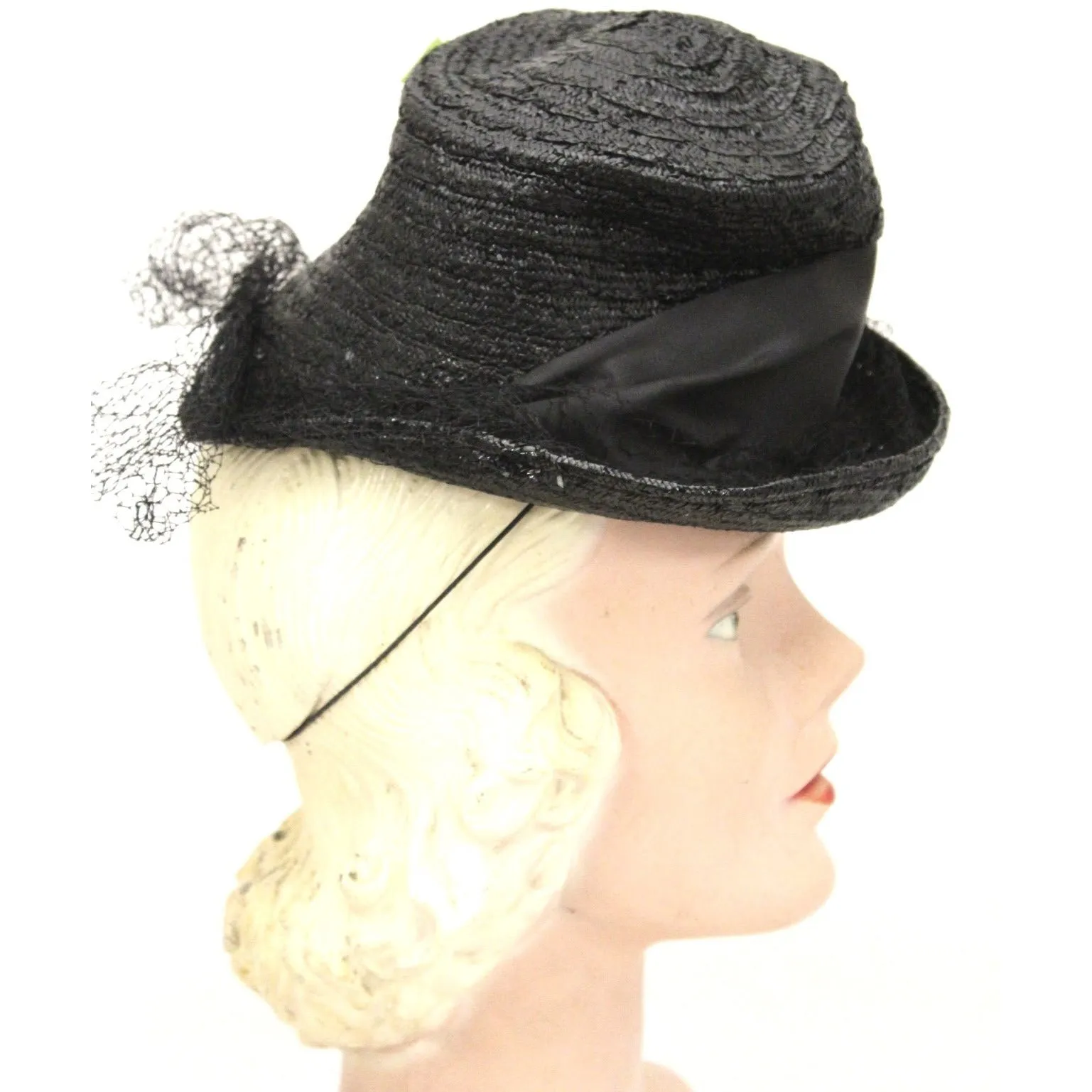 Vintage Fascinator Doll Hat Black Straw & Flowers 1940s ww2 O/S Womens Church