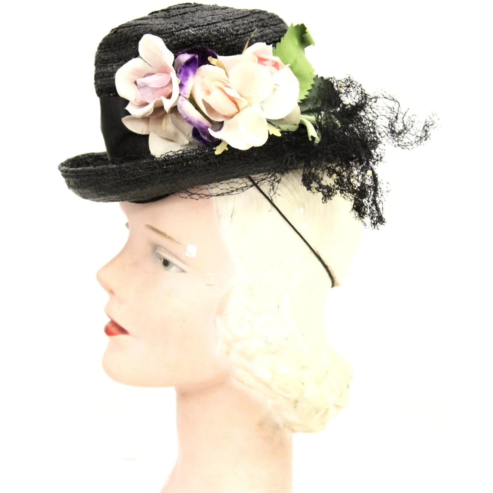 Vintage Fascinator Doll Hat Black Straw & Flowers 1940s ww2 O/S Womens Church