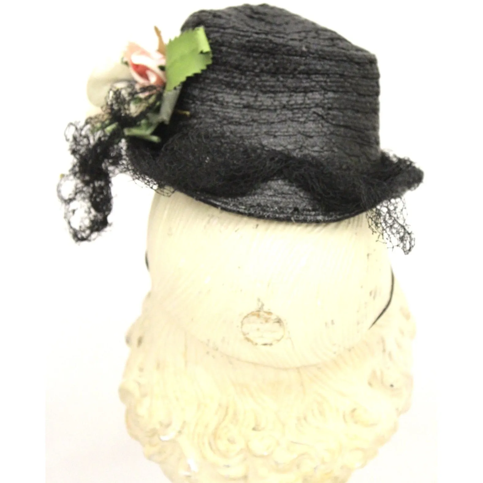 Vintage Fascinator Doll Hat Black Straw & Flowers 1940s ww2 O/S Womens Church