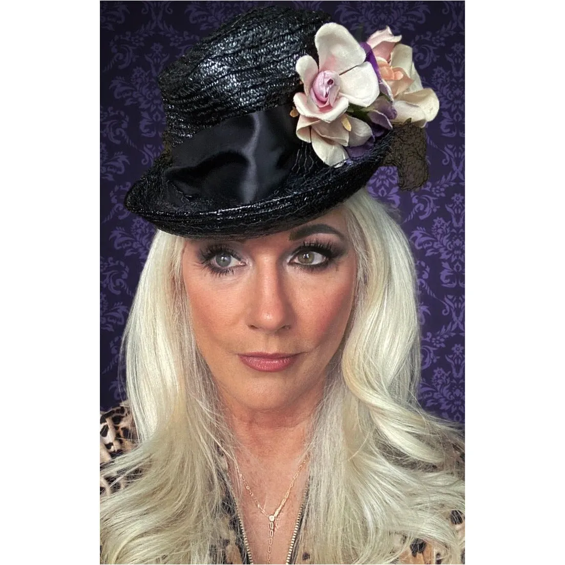 Vintage Fascinator Doll Hat Black Straw & Flowers 1940s ww2 O/S Womens Church