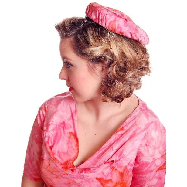 Vintage Hot Pink Printed Dress & Matching Hat 1950s 37-30-42