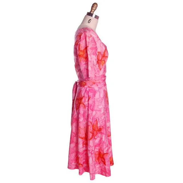 Vintage Hot Pink Printed Dress & Matching Hat 1950s 37-30-42
