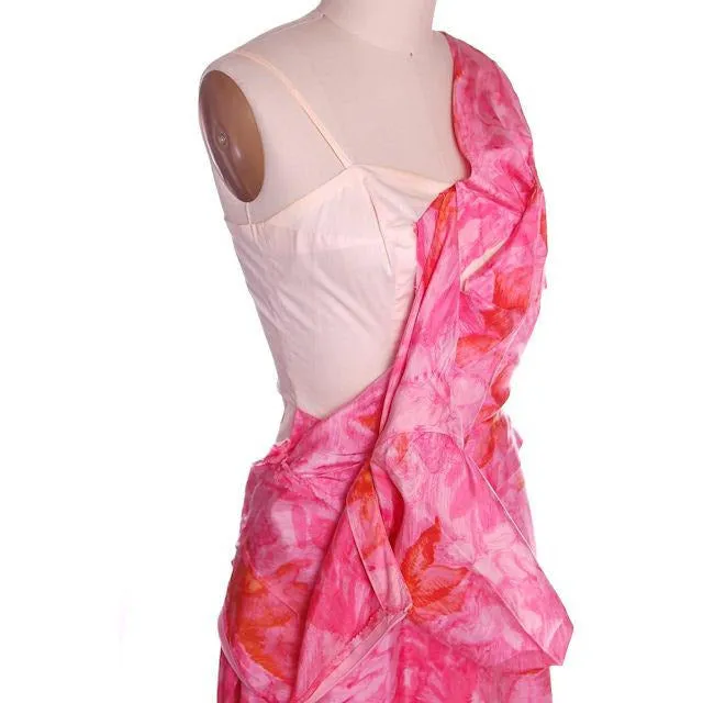 Vintage Hot Pink Printed Dress & Matching Hat 1950s 37-30-42