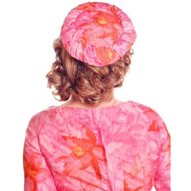 Vintage Hot Pink Printed Dress & Matching Hat 1950s 37-30-42