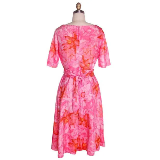 Vintage Hot Pink Printed Dress & Matching Hat 1950s 37-30-42