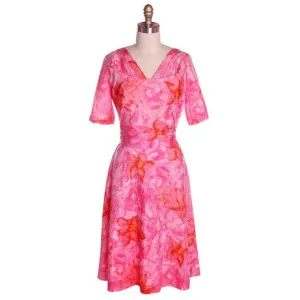 Vintage Hot Pink Printed Dress & Matching Hat 1950s 37-30-42