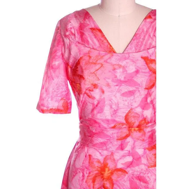 Vintage Hot Pink Printed Dress & Matching Hat 1950s 37-30-42