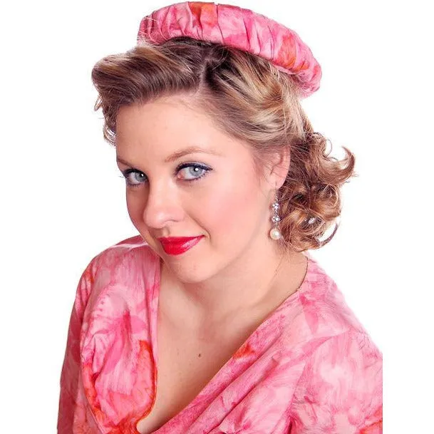 Vintage Hot Pink Printed Dress & Matching Hat 1950s 37-30-42