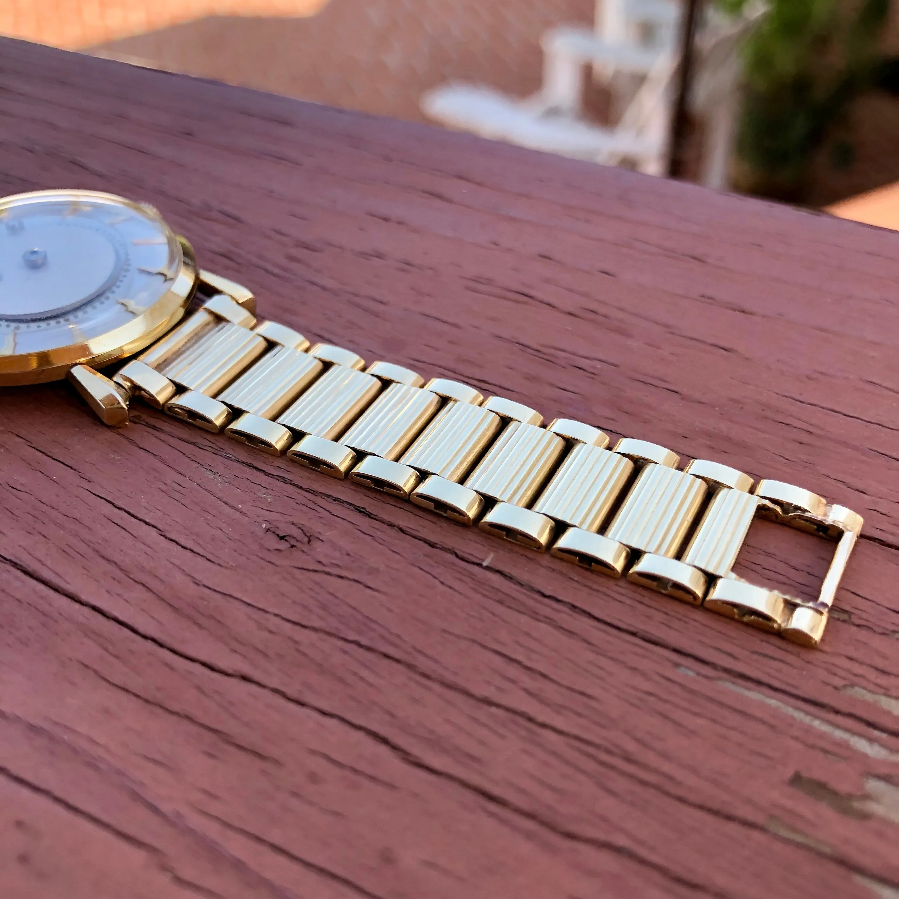 Vintage LeCoultre Mystery Dial 14K Yellow Gold Fancy Lugs Wristwatch Circa 1950s