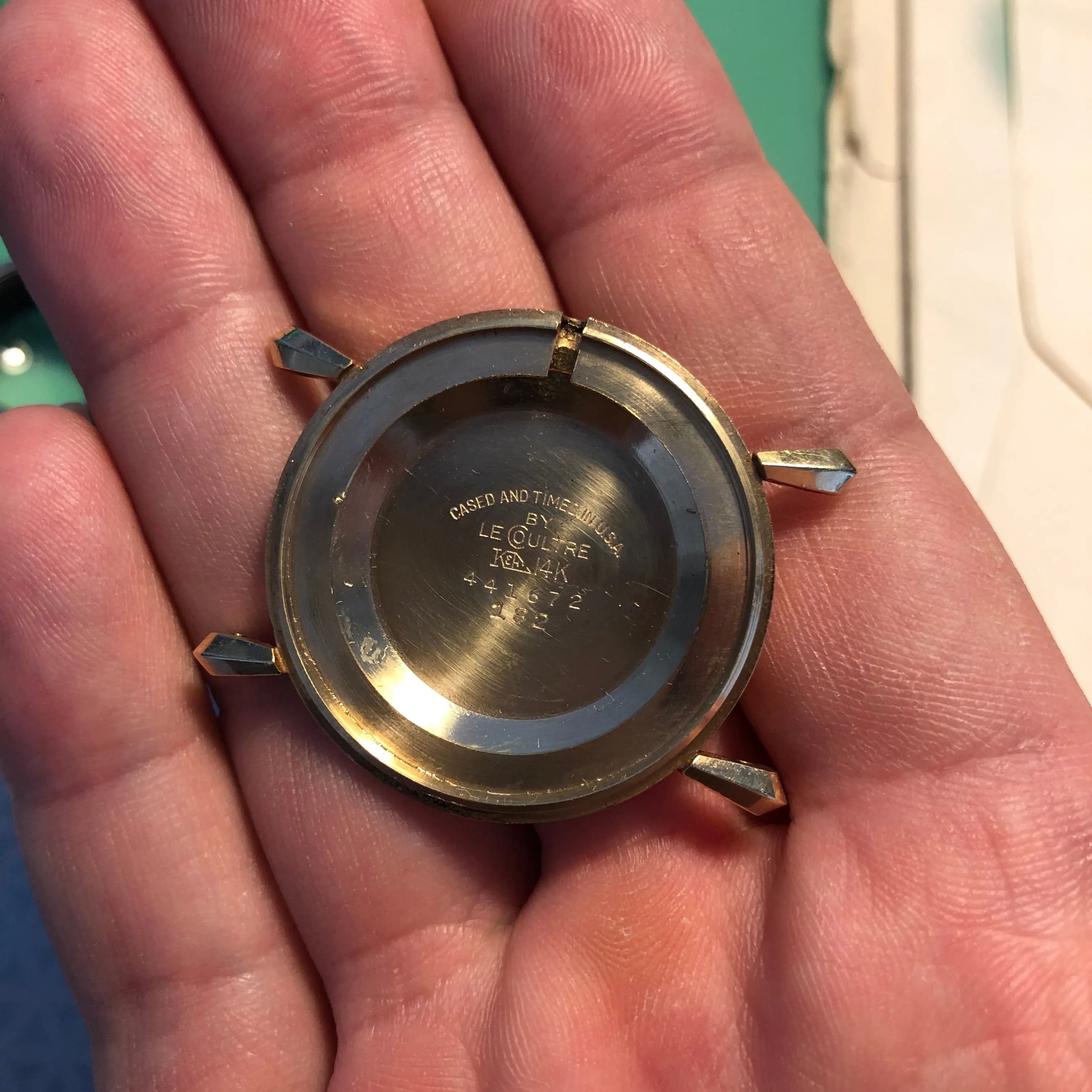 Vintage LeCoultre Mystery Dial 14K Yellow Gold Fancy Lugs Wristwatch Circa 1950s