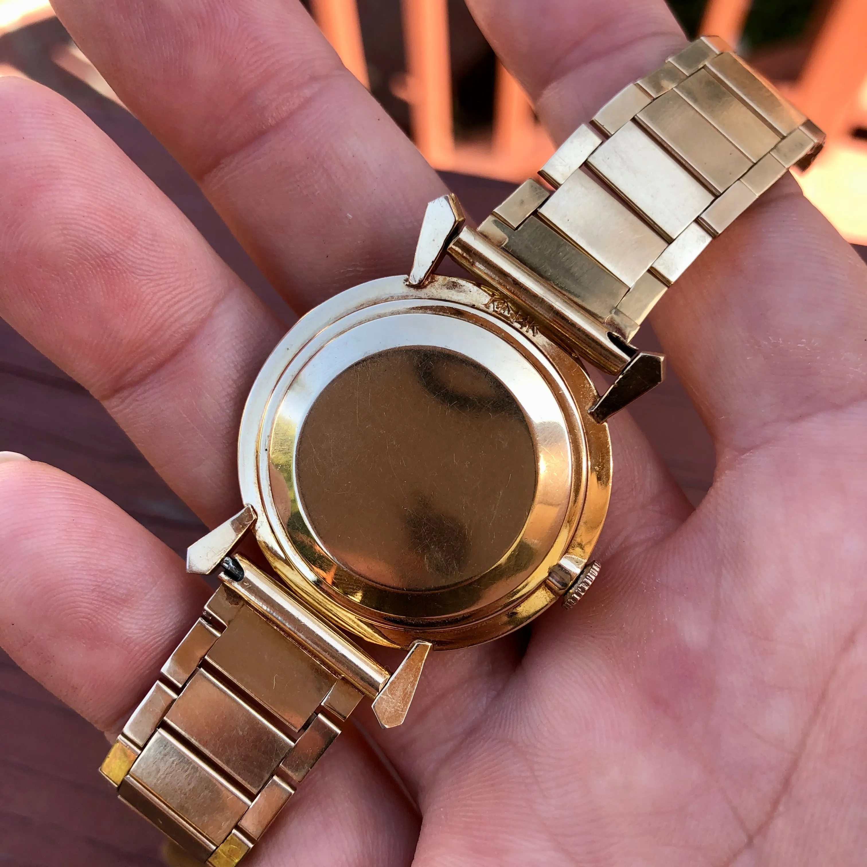 Vintage LeCoultre Mystery Dial 14K Yellow Gold Fancy Lugs Wristwatch Circa 1950s