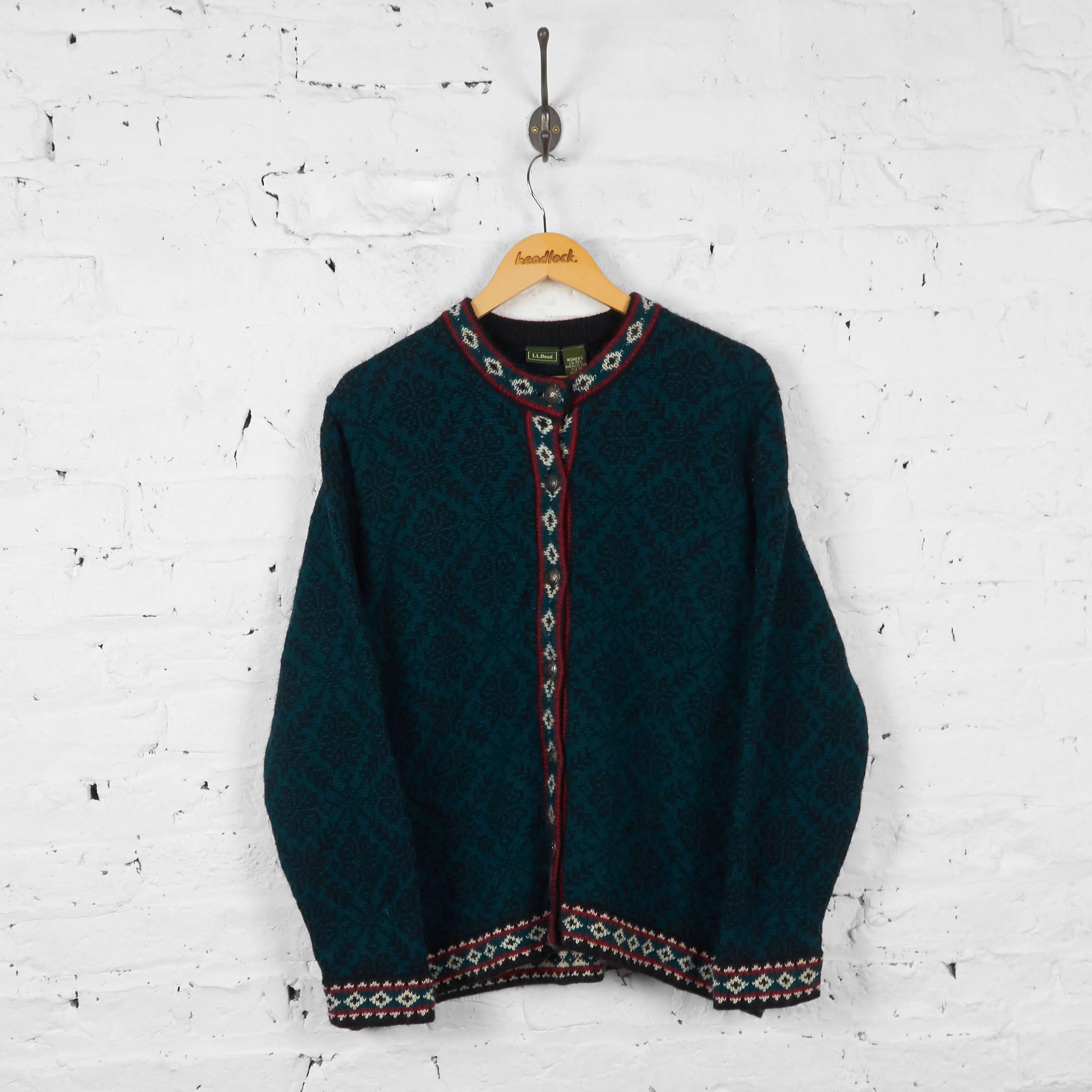 Vintage L.L Bean Women's Knitted Cardigan - Green - L
