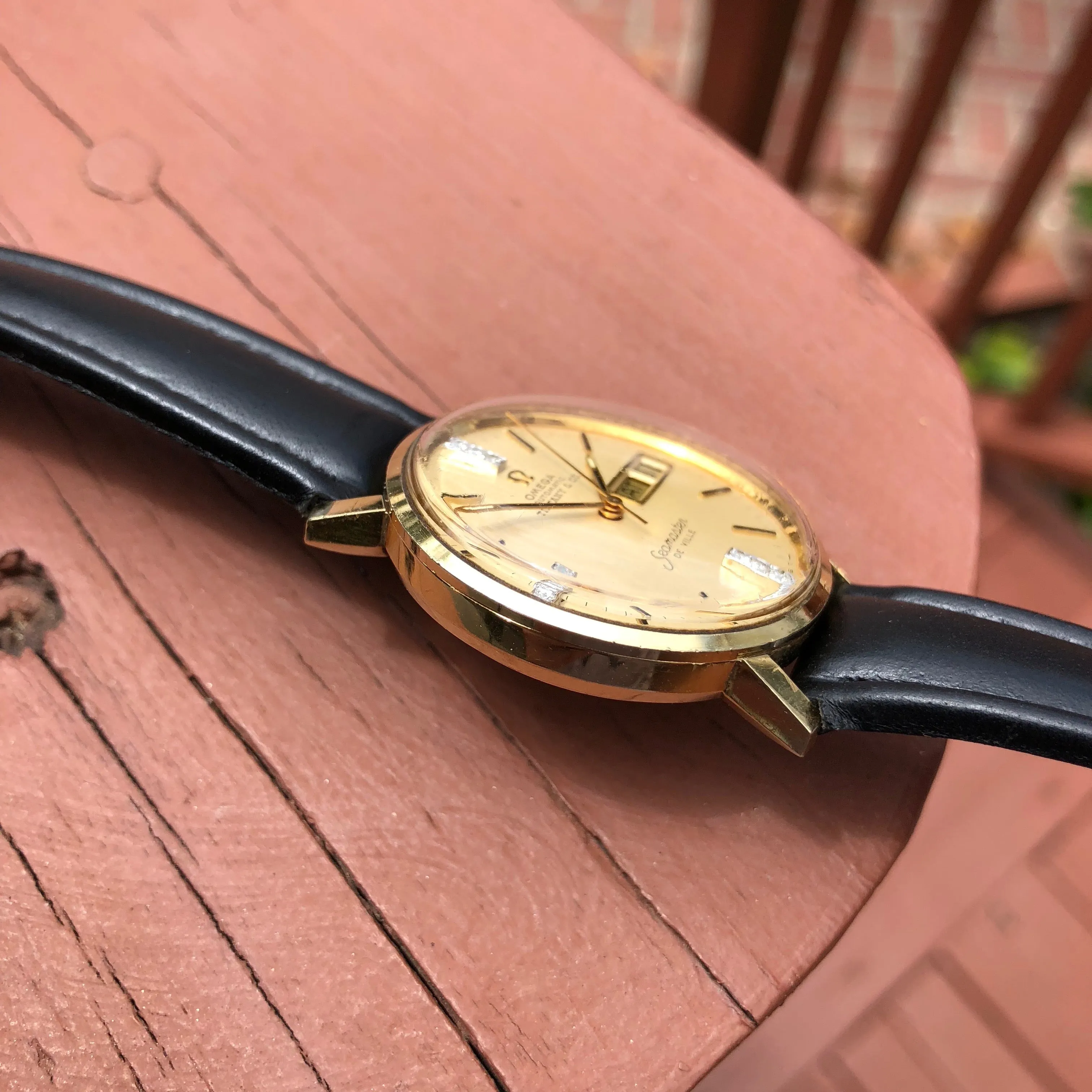 Vintage Omega Seamaster DeVille Day Date Tiffany & Co. 14K Gold Diamond Watch