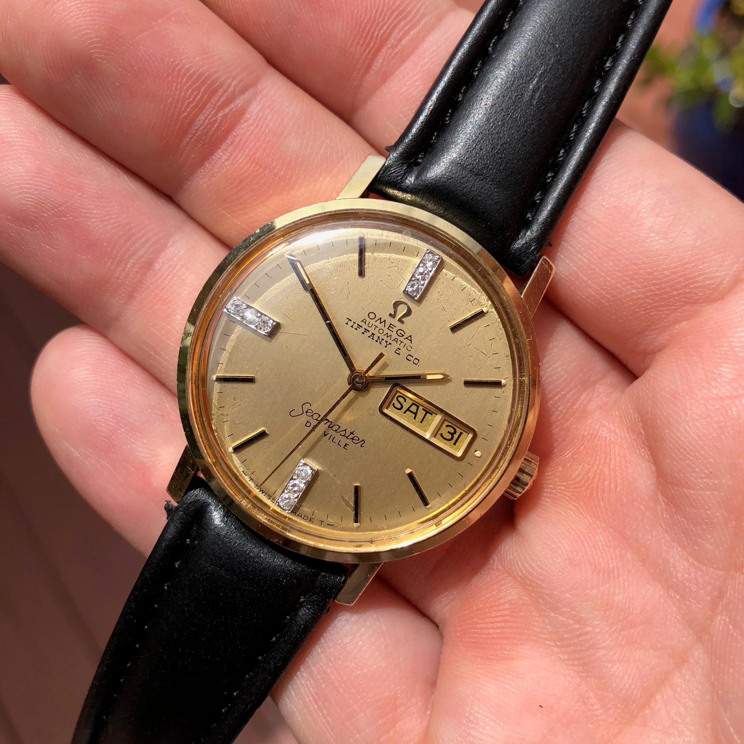 Vintage Omega Seamaster DeVille Day Date Tiffany & Co. 14K Gold Diamond Watch