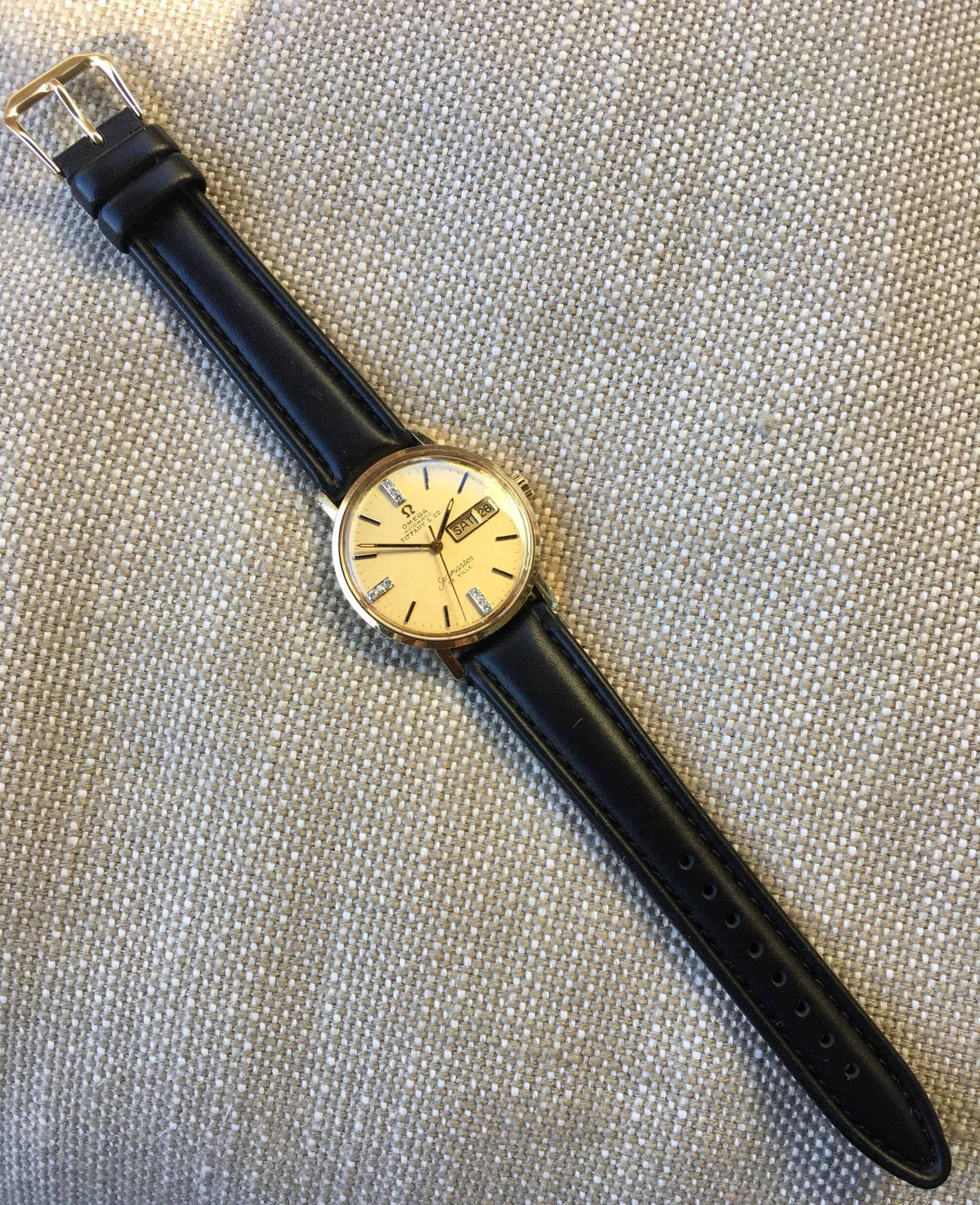 Vintage Omega Seamaster DeVille Day Date Tiffany & Co. 14K Gold Diamond Watch