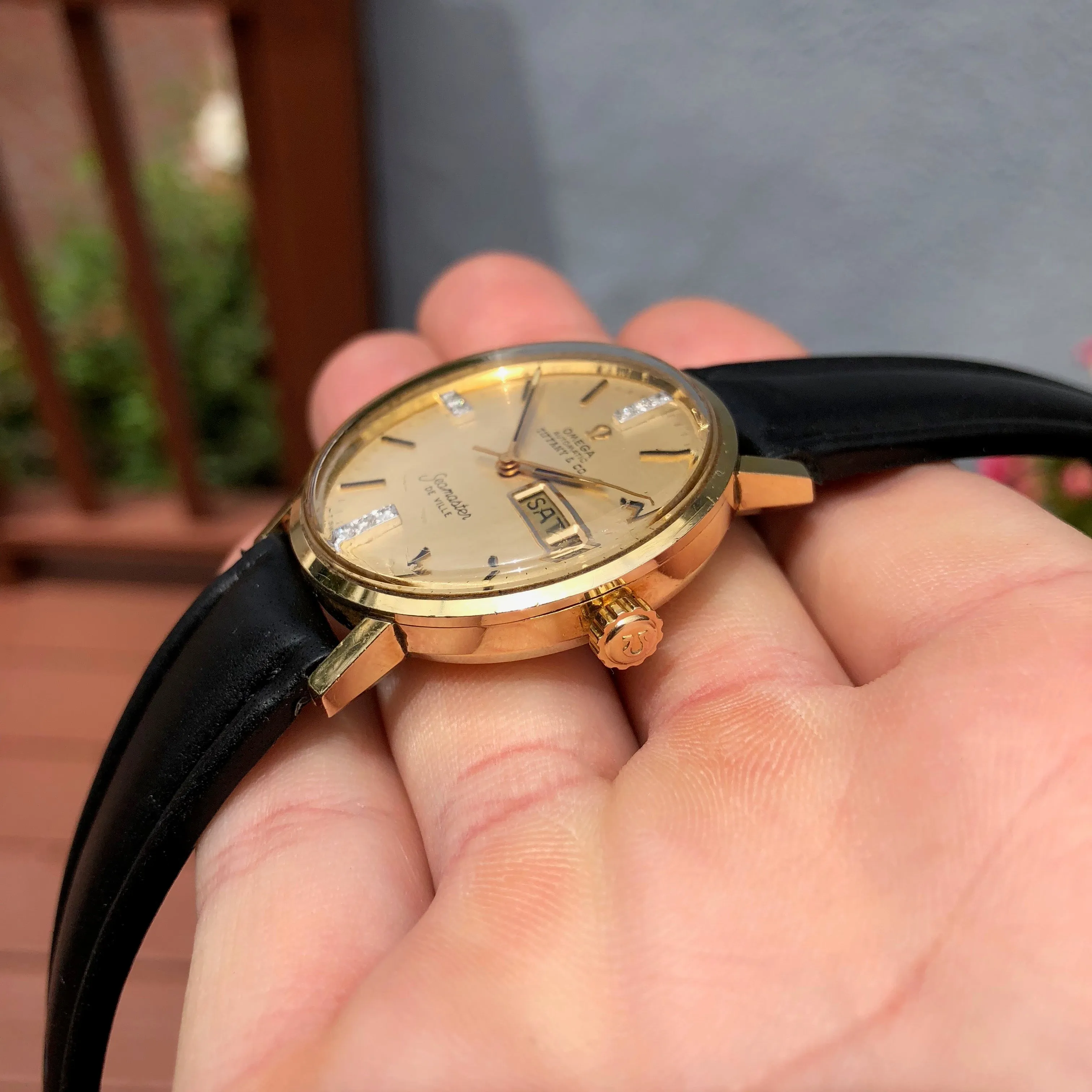 Vintage Omega Seamaster DeVille Day Date Tiffany & Co. 14K Gold Diamond Watch
