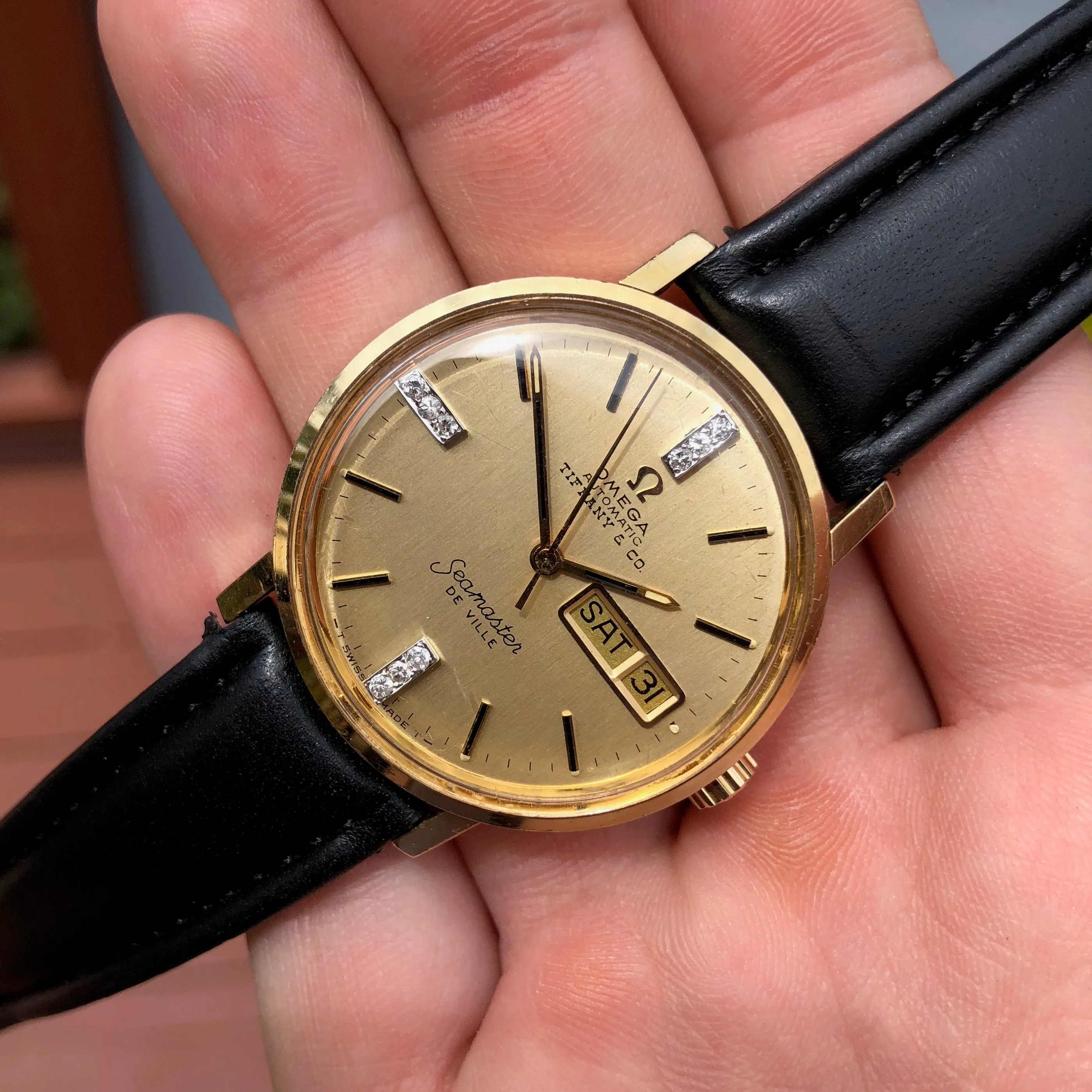 Vintage Omega Seamaster DeVille Day Date Tiffany & Co. 14K Gold Diamond Watch
