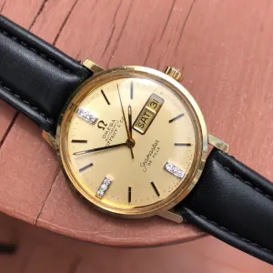 Vintage Omega Seamaster DeVille Day Date Tiffany & Co. 14K Gold Diamond Watch