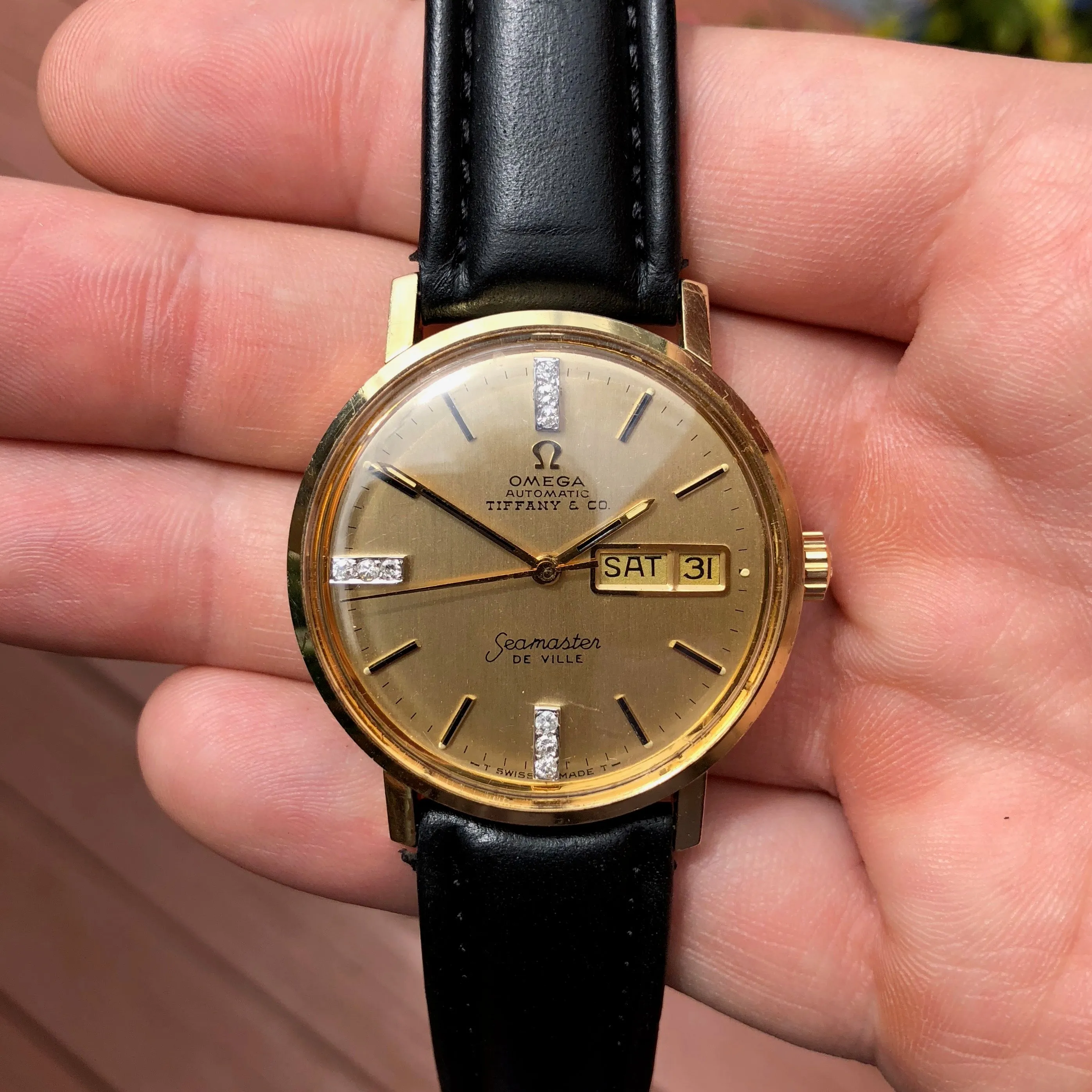 Vintage Omega Seamaster DeVille Day Date Tiffany & Co. 14K Gold Diamond Watch