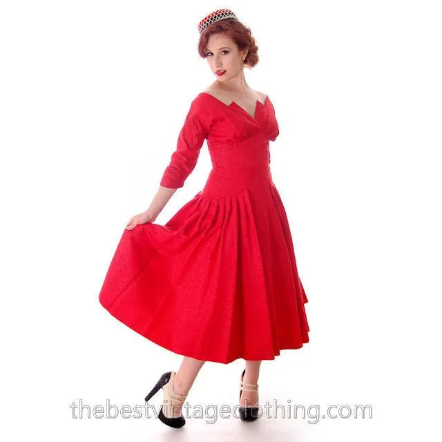 Vintage Party Dress Red Faille Super Fitted Waist Full Skirt 1940s Small