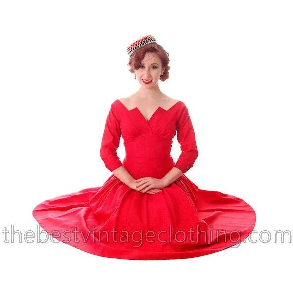 Vintage Party Dress Red Faille Super Fitted Waist Full Skirt 1940s Small