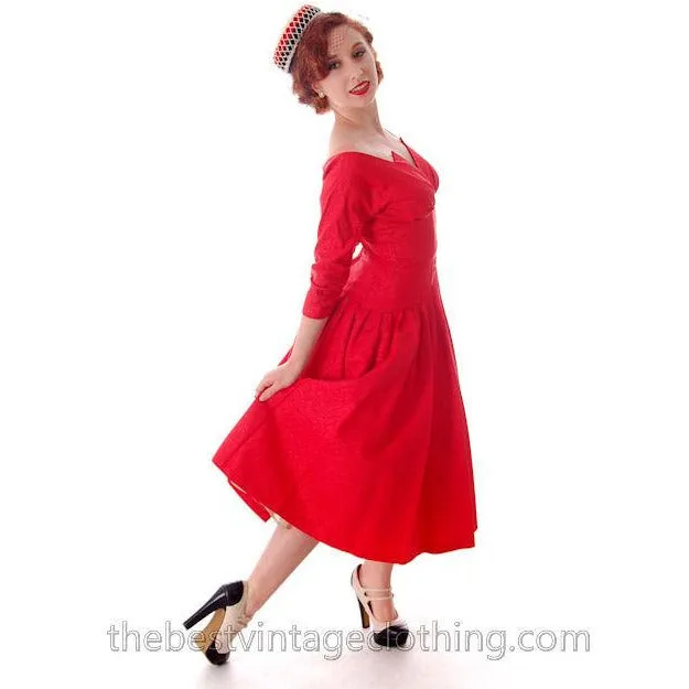 Vintage Party Dress Red Faille Super Fitted Waist Full Skirt 1940s Small