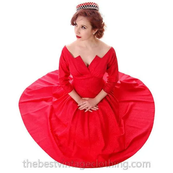 Vintage Party Dress Red Faille Super Fitted Waist Full Skirt 1940s Small
