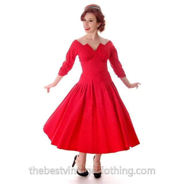 Vintage Party Dress Red Faille Super Fitted Waist Full Skirt 1940s Small