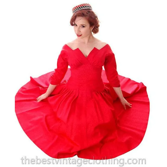 Vintage Party Dress Red Faille Super Fitted Waist Full Skirt 1940s Small