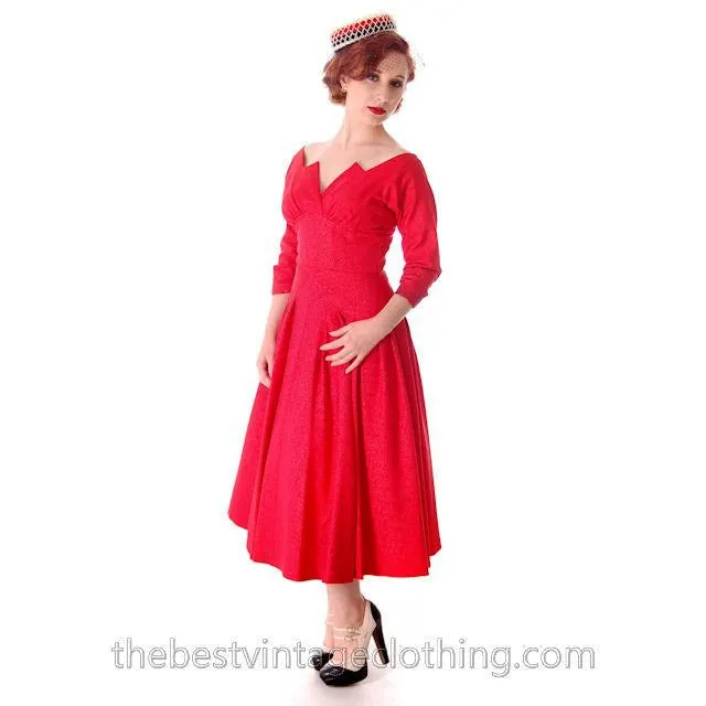 Vintage Party Dress Red Faille Super Fitted Waist Full Skirt 1940s Small