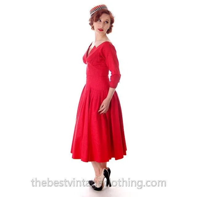 Vintage Party Dress Red Faille Super Fitted Waist Full Skirt 1940s Small