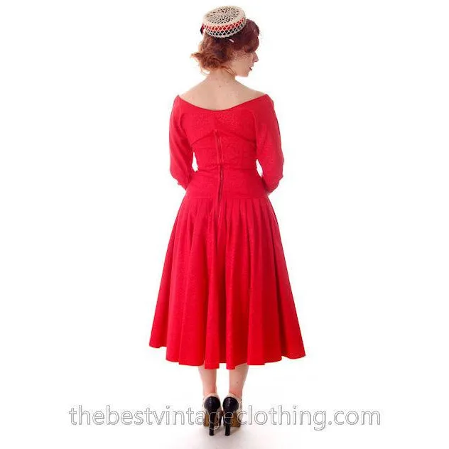 Vintage Party Dress Red Faille Super Fitted Waist Full Skirt 1940s Small