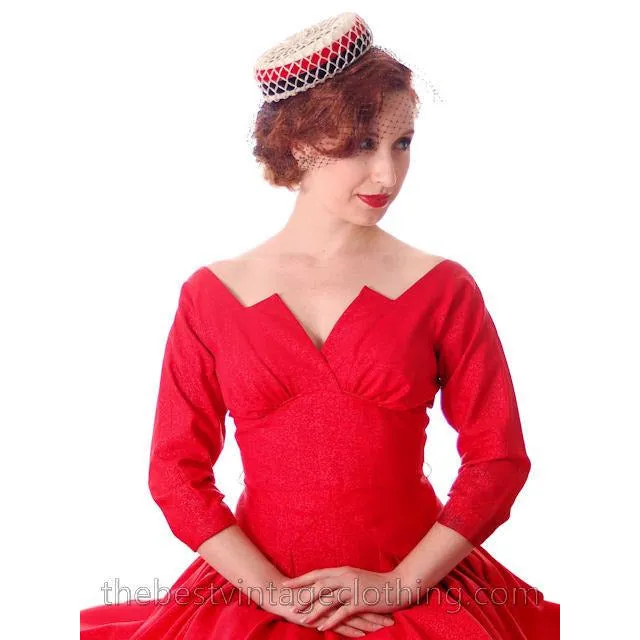 Vintage Party Dress Red Faille Super Fitted Waist Full Skirt 1940s Small