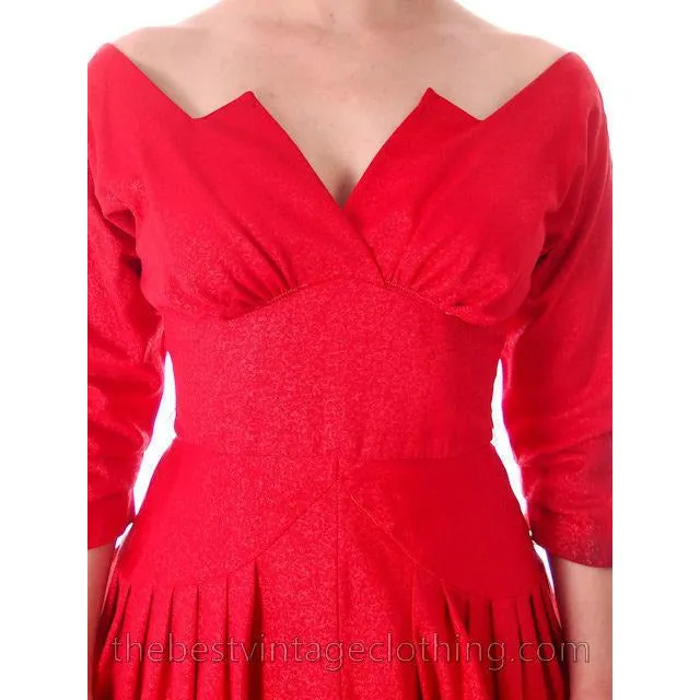 Vintage Party Dress Red Faille Super Fitted Waist Full Skirt 1940s Small