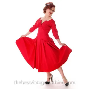 Vintage Party Dress Red Faille Super Fitted Waist Full Skirt 1940s Small