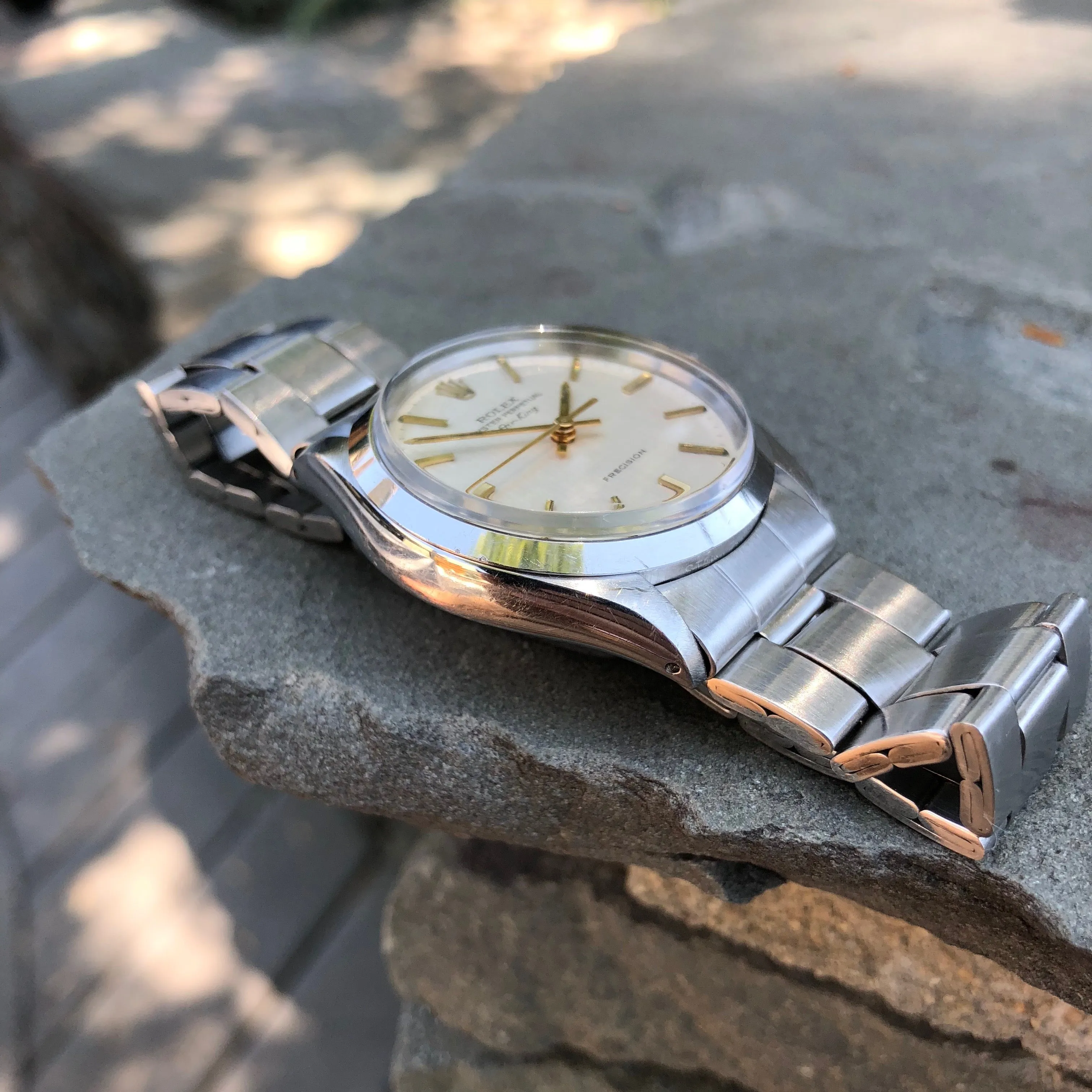 Vintage Rolex Air King 5500 Steel Linen Dial Caliber 1520 Automatic Wristwatch Circa 1973